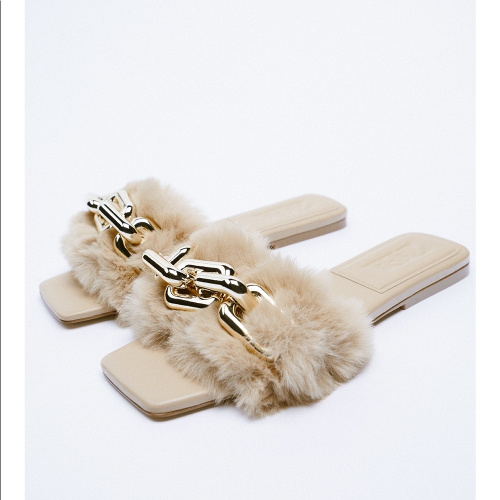 Zara low heel faux fur sandals with buckle